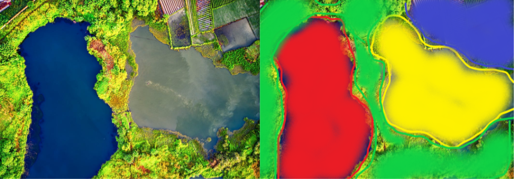 aerial imagery of crop fields and water source 