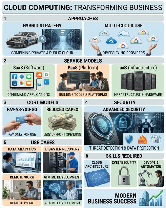 Diagram showcasing use cases, approaches, skills, cost models, and cloud computing security